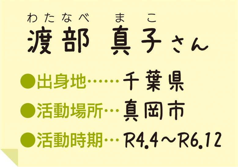 千葉県出身、活動場所は真岡市、令和4年4月～令和6年12月まで活動