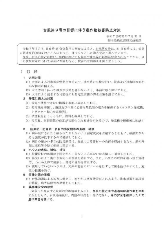 台風第9号の影響に伴う農作物被害防止対策1