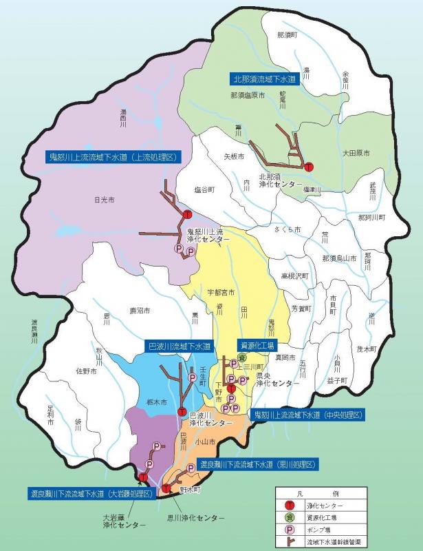 栃木県地図：流域下水道の関係市町と下水処理場の位置